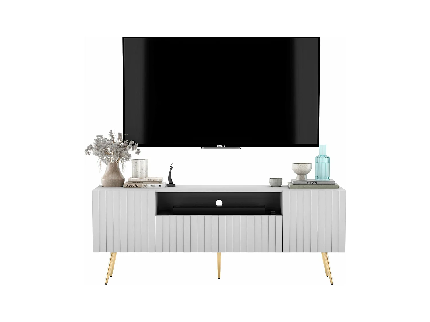 Meuble TV avec 3 portes et niche - Corps Blanc mat, façades rainurées Blanc mat - 150 cm, pieds dorés