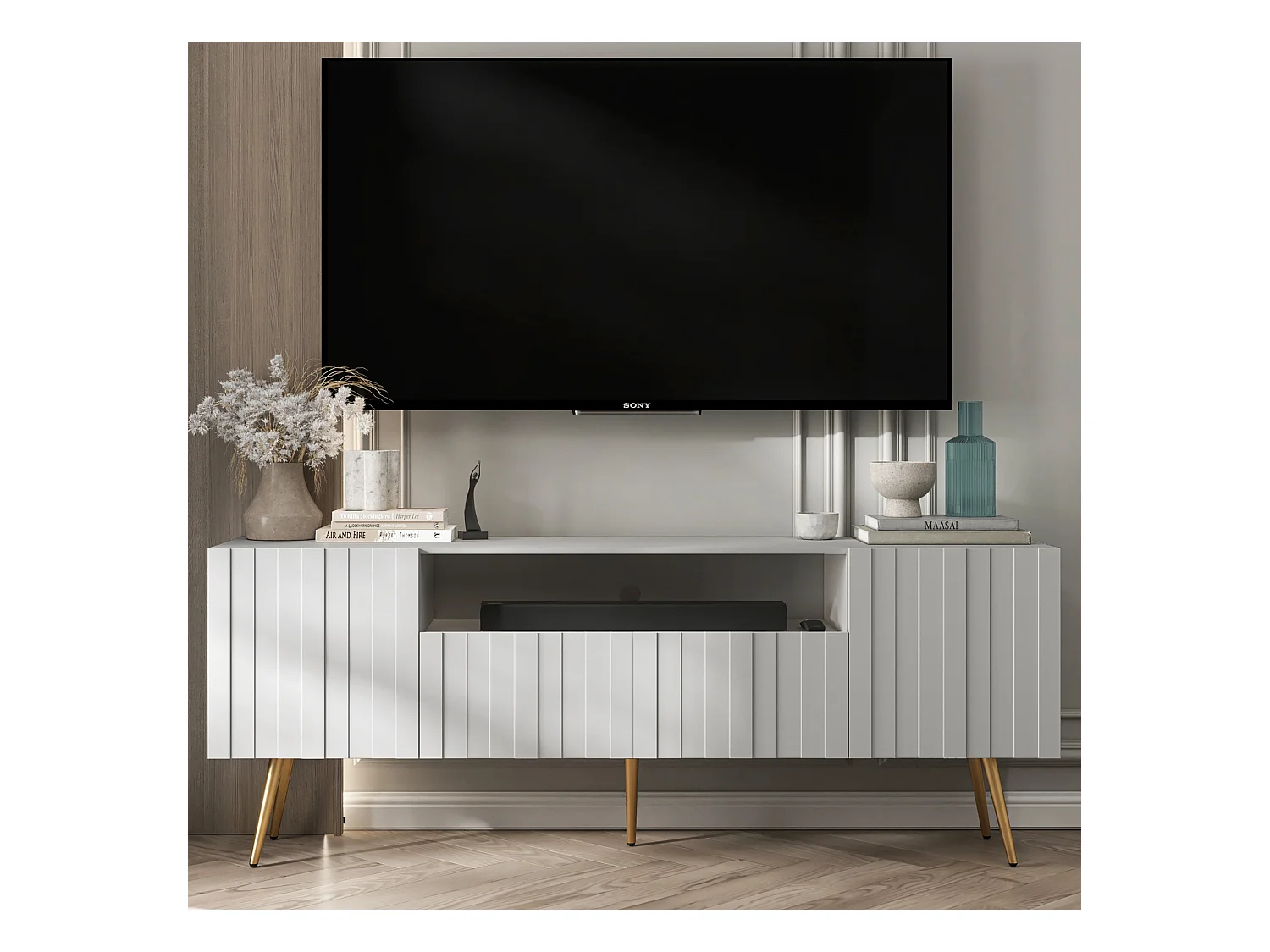 Meuble TV avec 3 portes et niche - Corps Blanc mat, façades rainurées Blanc mat - 150 cm, pieds dorés