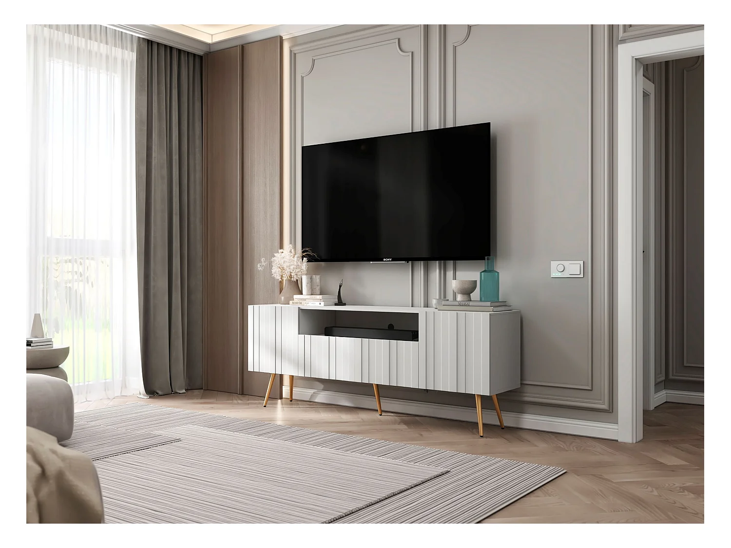 Meuble TV avec 3 portes et niche - Corps Blanc mat, façades rainurées Blanc mat - 150 cm, pieds dorés