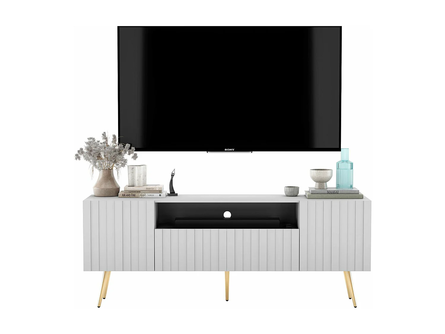Meuble TV avec 3 portes et niche - Corps Blanc mat, façades rainurées Blanc mat - 150 cm, pieds dorés