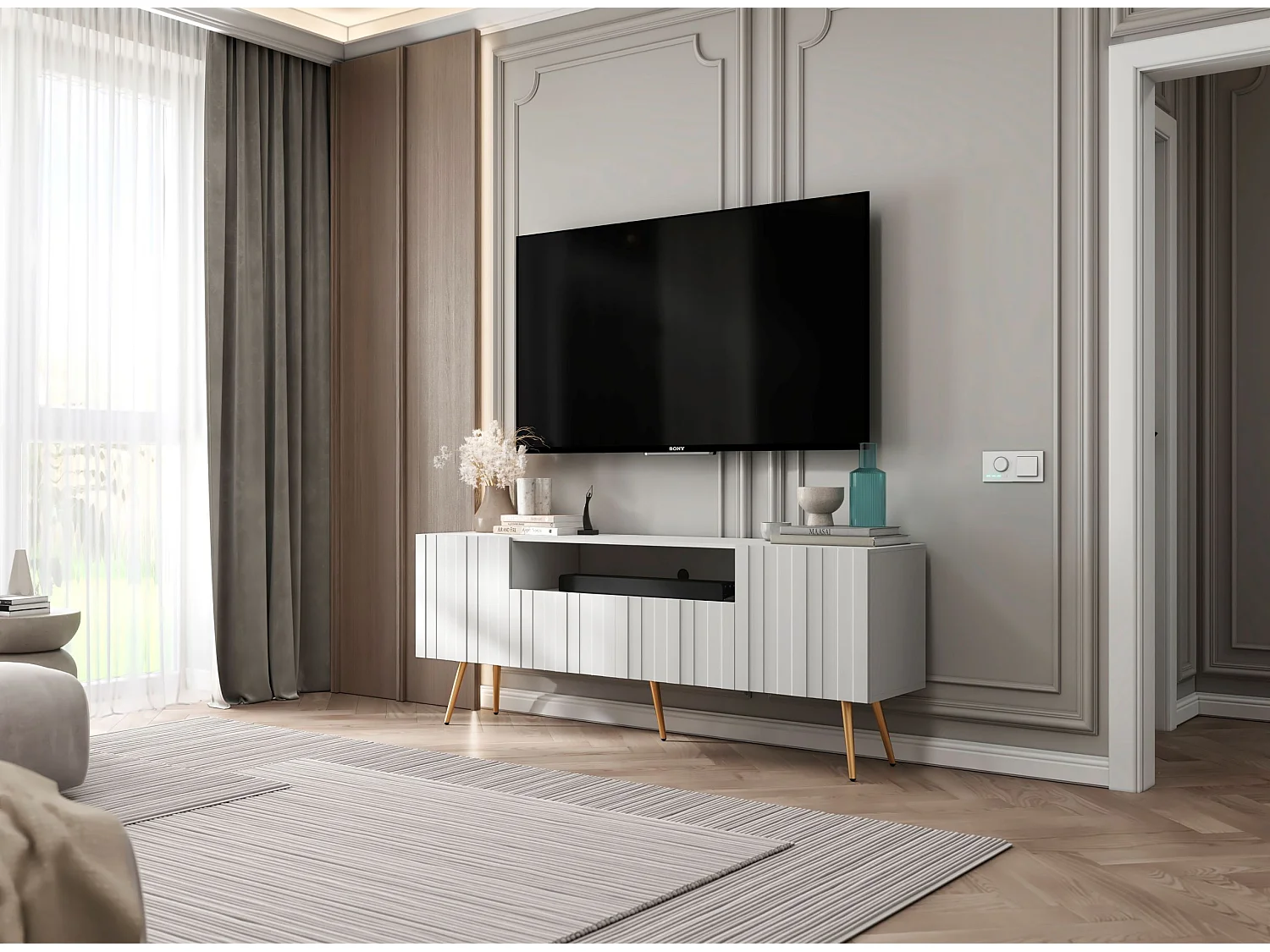 Meuble TV avec 3 portes et niche - Corps Blanc mat, façades rainurées Blanc mat - 150 cm, pieds dorés