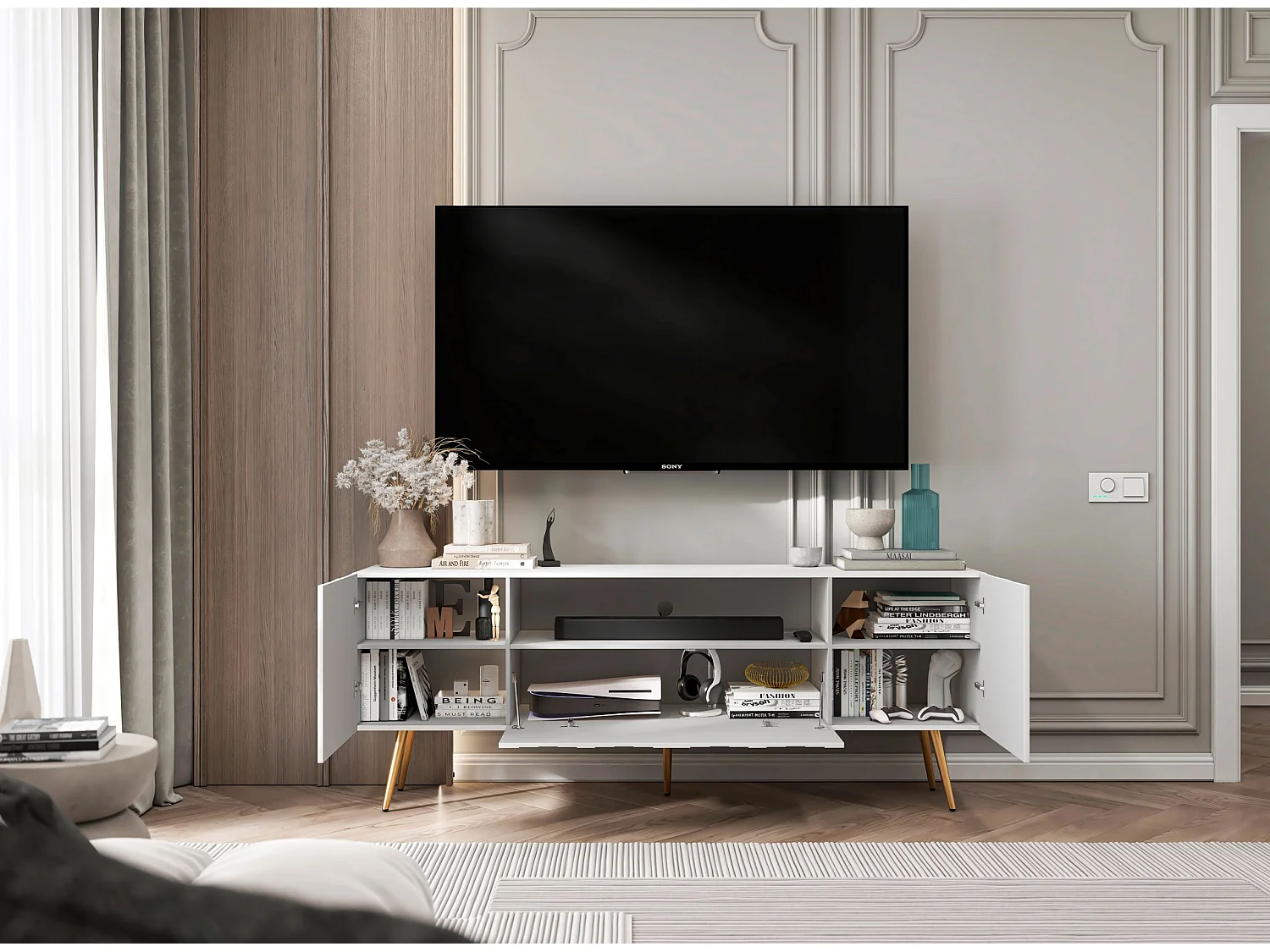 Meuble TV avec 3 portes et niche - Corps Blanc mat, façades rainurées Blanc mat - 150 cm, pieds dorés