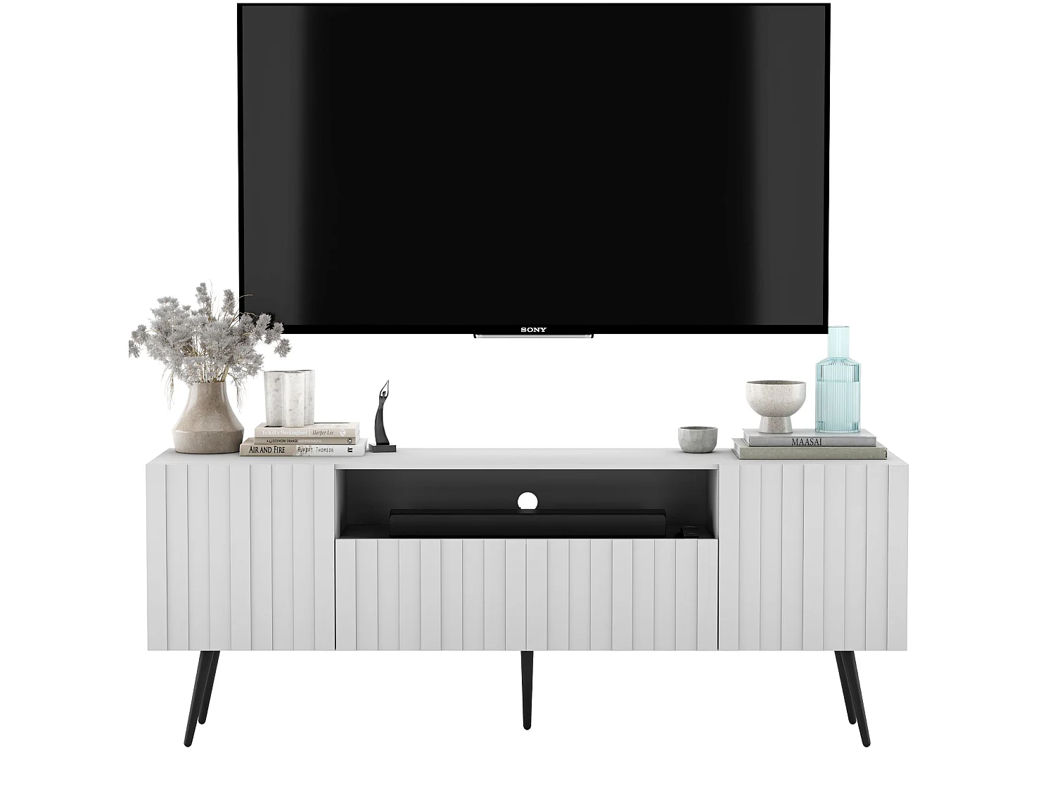 Meuble TV avec 3 portes et niche - Corps Blanc mat, façades rainurées Blanc mat - 150 cm, pieds dorés
