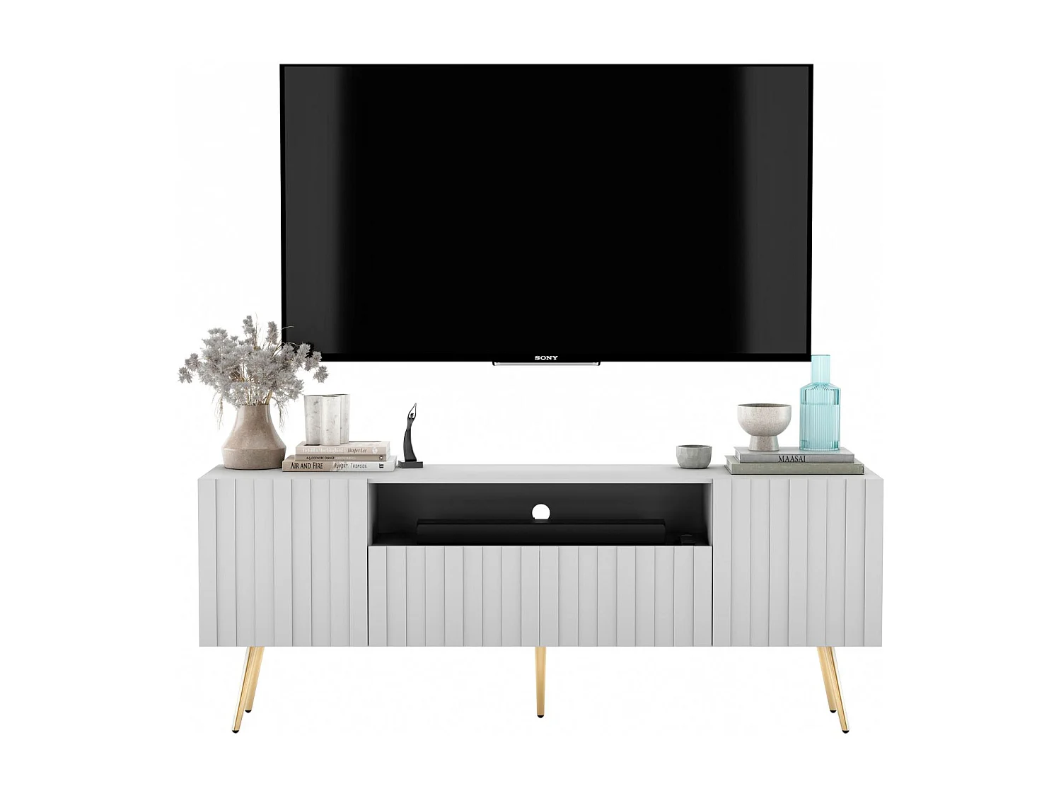 Meuble TV avec 3 portes et niche - Corps Blanc mat, façades rainurées Blanc mat - 150 cm, pieds dorés