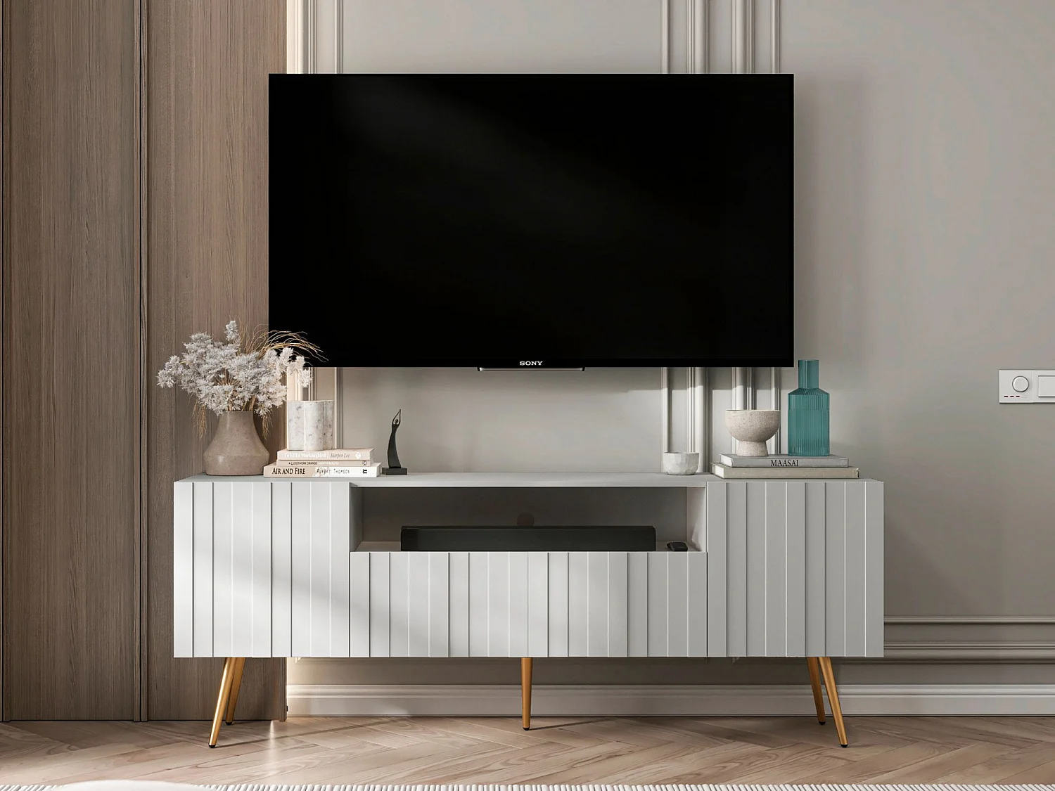 Meuble TV avec 3 portes et niche - Corps Blanc mat, façades rainurées Blanc mat - 150 cm, pieds dorés