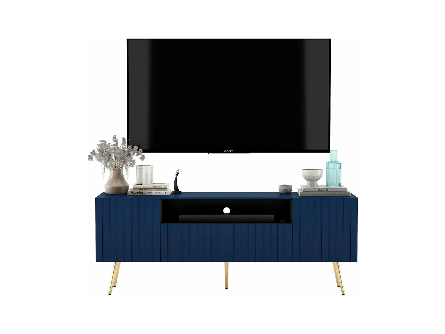Meuble TV avec 3 portes et niche - Corps Bleu marine mat, façades rainurées Bleu marine mat - 150 cm, pieds dorés