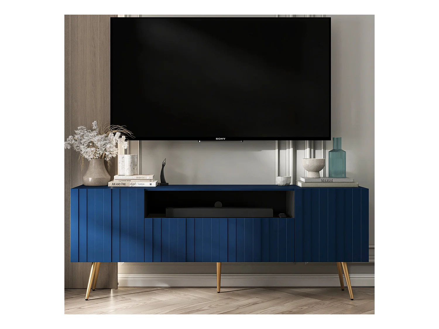 Meuble TV avec 3 portes et niche - Corps Bleu marine mat, façades rainurées Bleu marine mat - 150 cm, pieds dorés