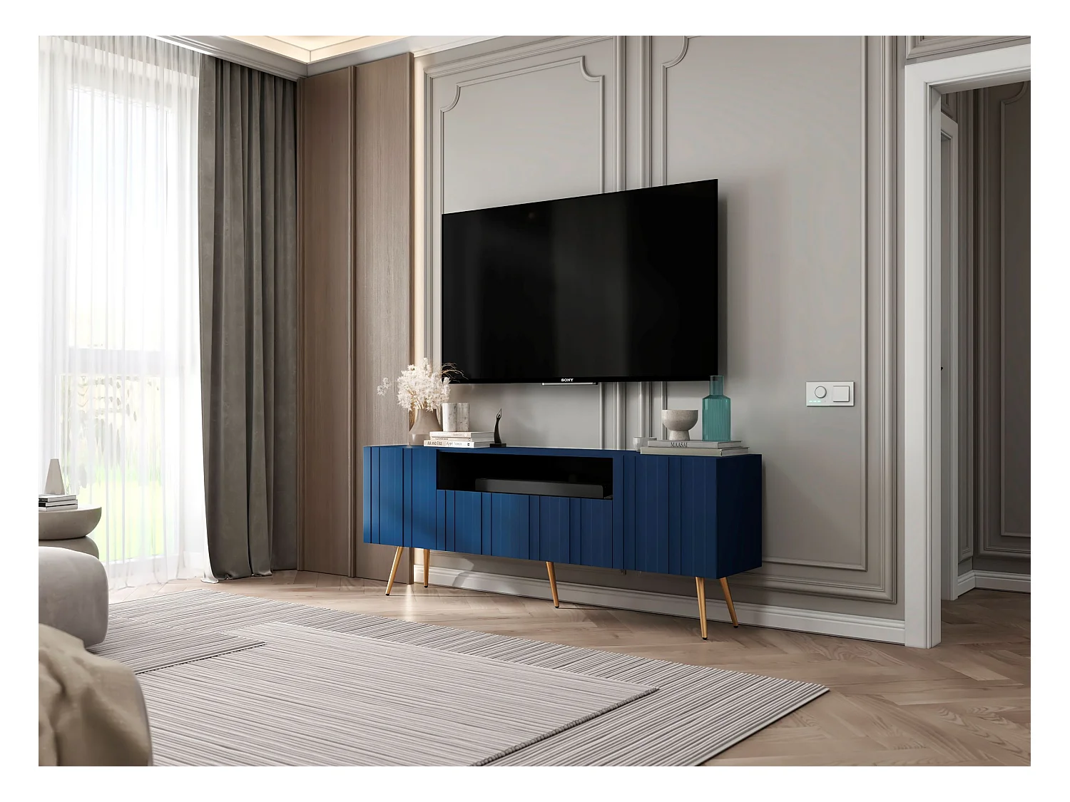 Meuble TV avec 3 portes et niche - Corps Bleu marine mat, façades rainurées Bleu marine mat - 150 cm, pieds dorés