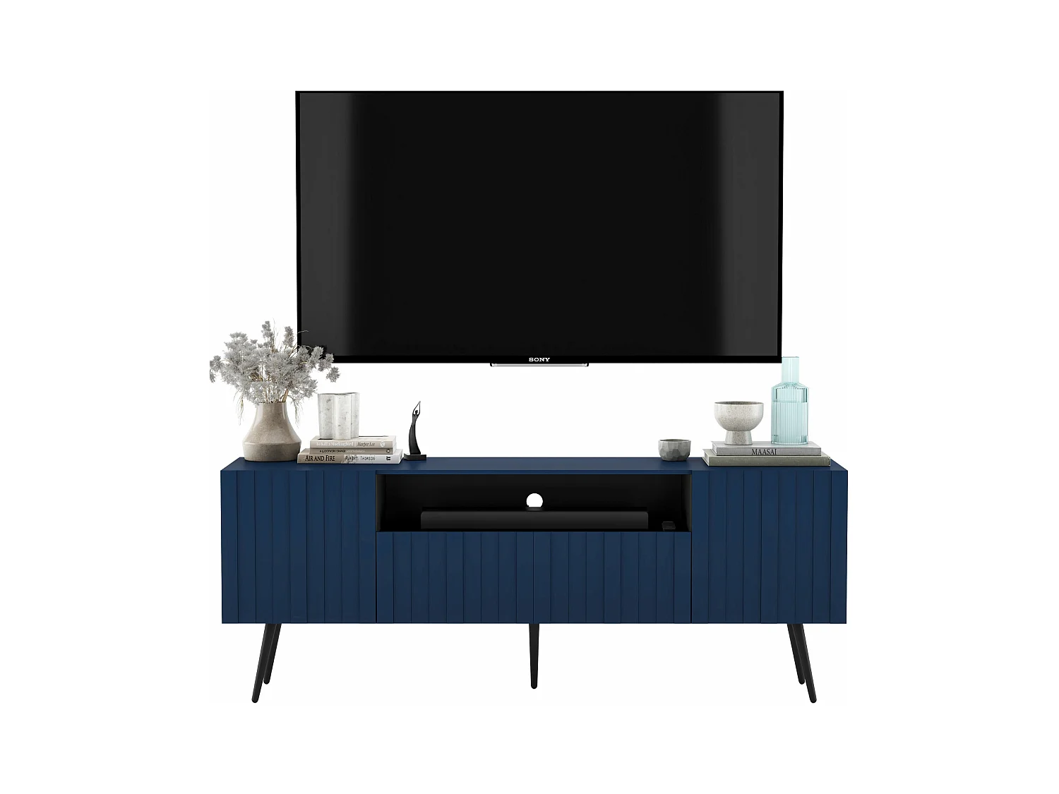 Meuble TV avec 3 portes et niche - Corps Bleu marine mat, façades rainurées Bleu marine mat - 150 cm, pieds dorés