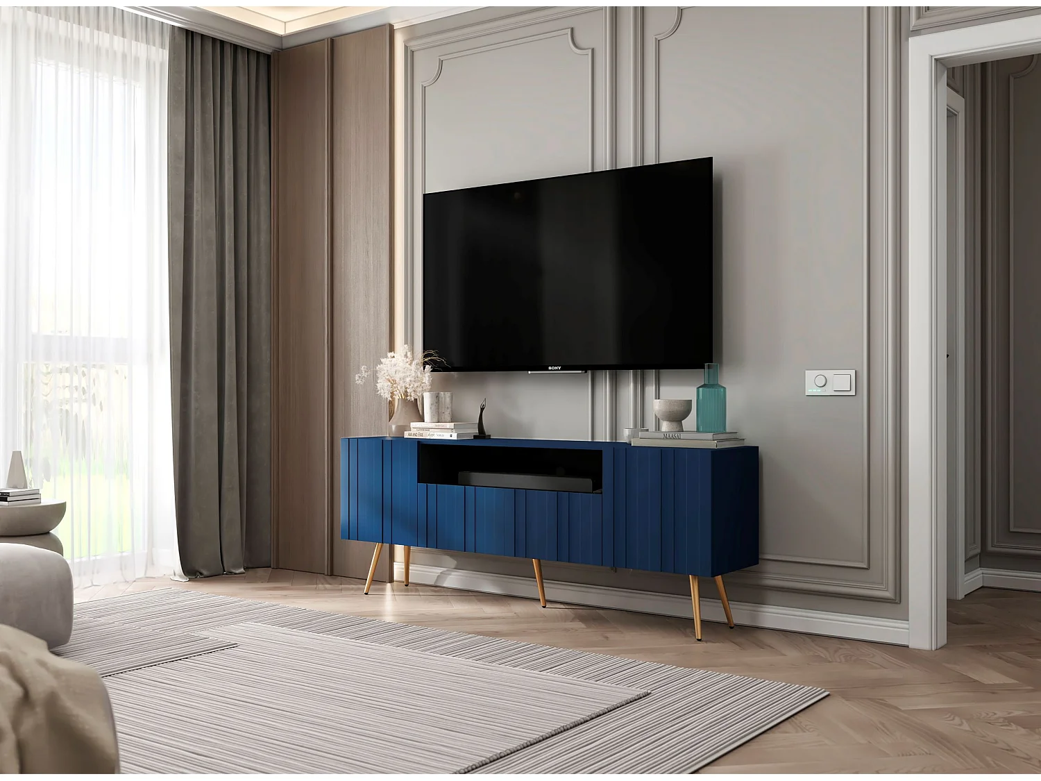 Meuble TV avec 3 portes et niche - Corps Bleu marine mat, façades rainurées Bleu marine mat - 150 cm, pieds dorés