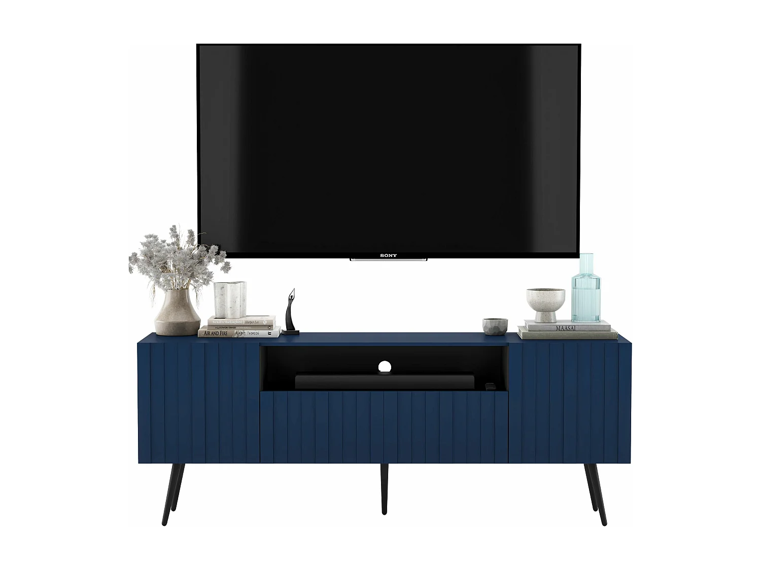 Meuble TV avec 3 portes et niche - Corps Bleu marine mat, façades rainurées Bleu marine mat - 150 cm, pieds dorés