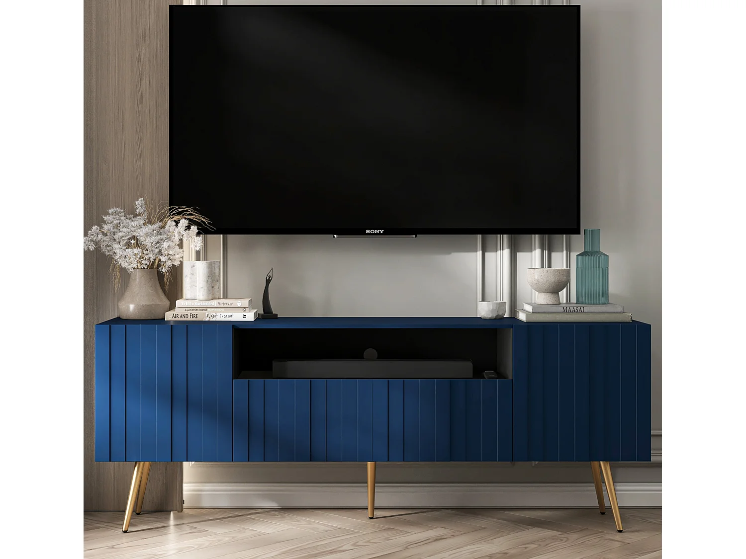 TV-Lowboard mit 3 Türen und offenem Fach – Korpus marineblau matt, geriffelte Fronten marineblau matt – 150 cm, goldene Füße