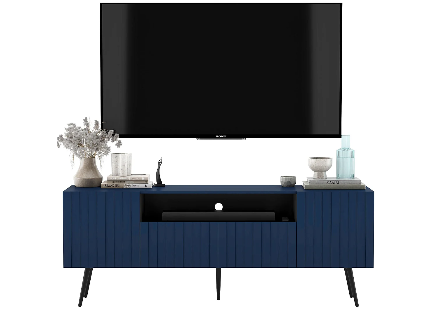 TV-Lowboard mit 3 Türen und offenem Fach – Korpus marineblau matt, geriffelte Fronten marineblau matt – 150 cm, goldene Füße