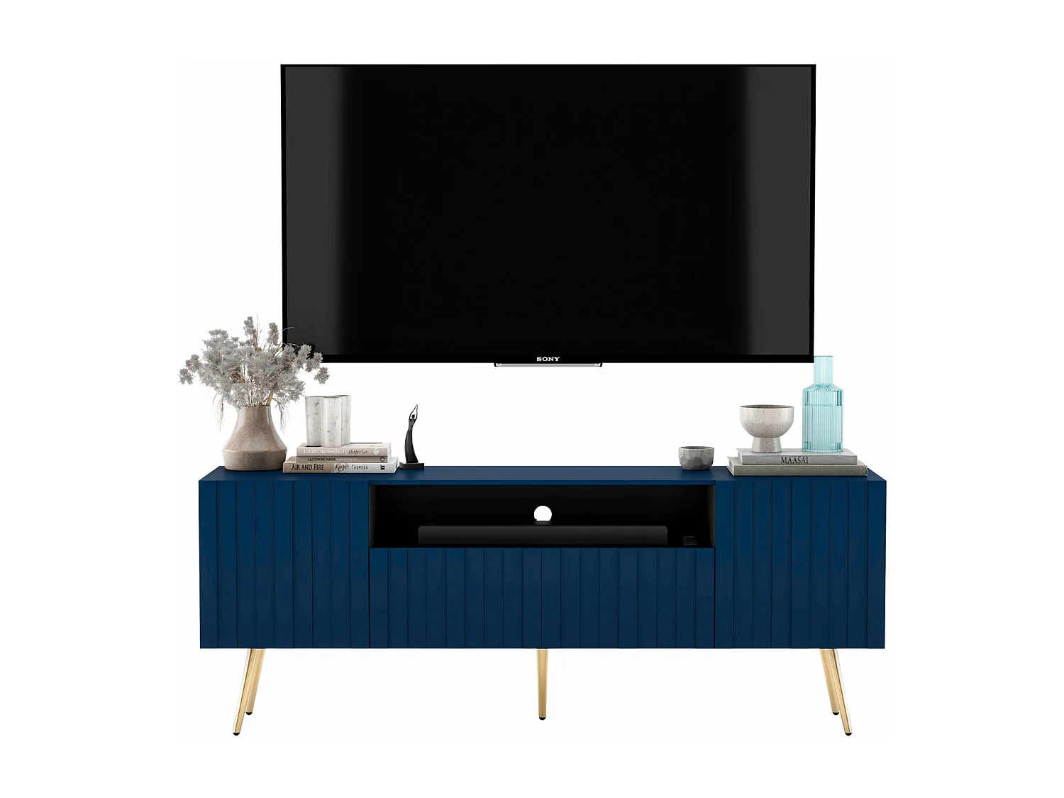 Móvel de TV com 3 portas e nicho – Estrutura azul-marinho mate, frentes ranhuradas azul-marinho mate – 150 cm, pés dourados
