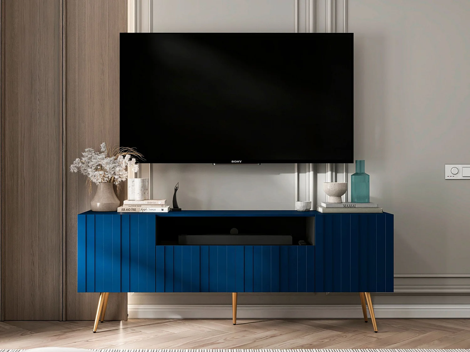 Móvel de TV com 3 portas e nicho – Estrutura azul-marinho mate, frentes ranhuradas azul-marinho mate – 150 cm, pés dourados