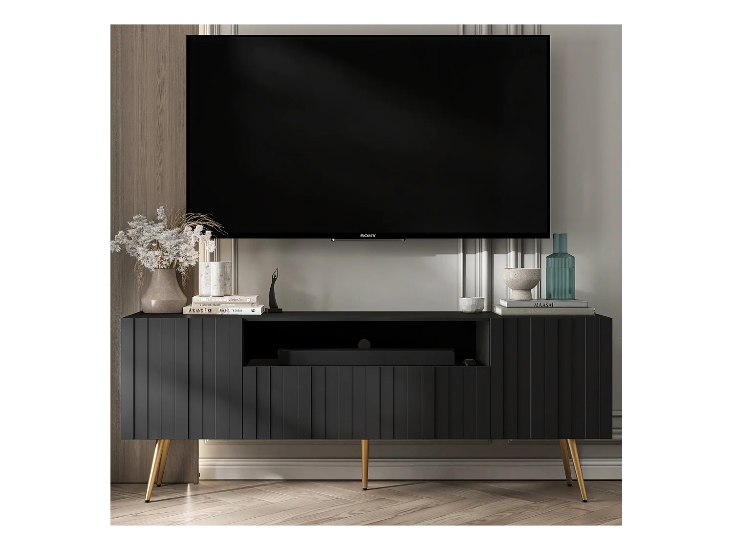 Meuble TV avec 3 portes et niche - Corps Noir mat, façades rainurées Noir mat - 150 cm, pieds dorés