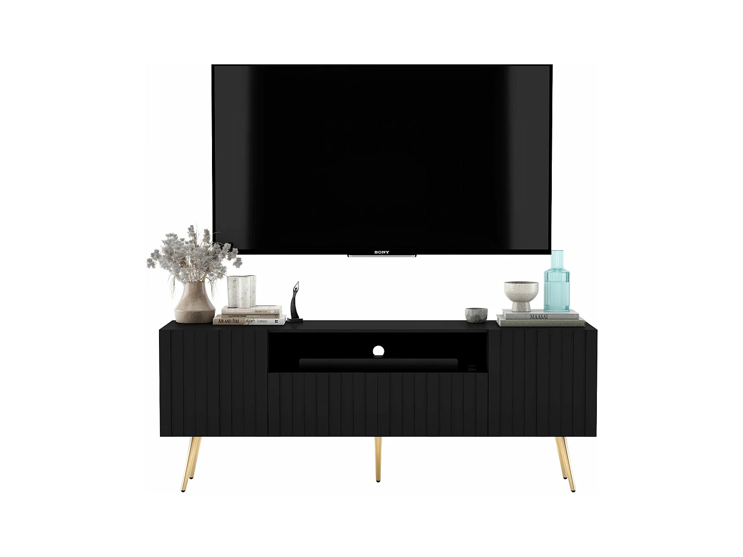Meuble TV avec 3 portes et niche - Corps Noir mat, façades rainurées Noir mat - 150 cm, pieds dorés