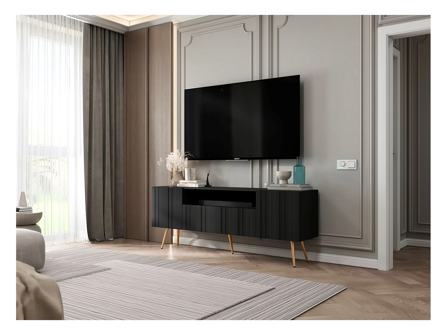 Meuble TV avec 3 portes et niche - Corps Noir mat, façades rainurées Noir mat - 150 cm, pieds dorés