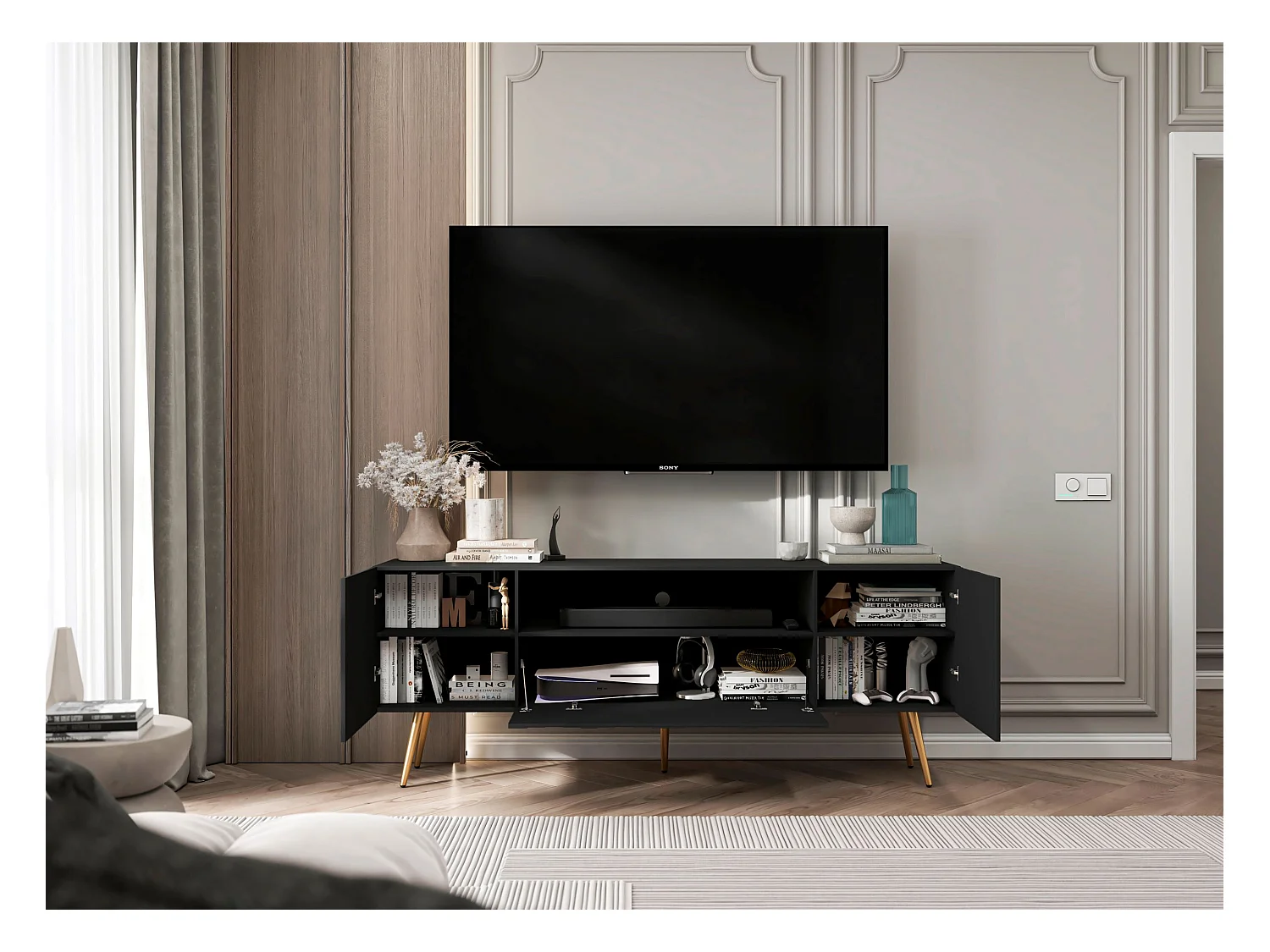 Meuble TV avec 3 portes et niche - Corps Noir mat, façades rainurées Noir mat - 150 cm, pieds dorés