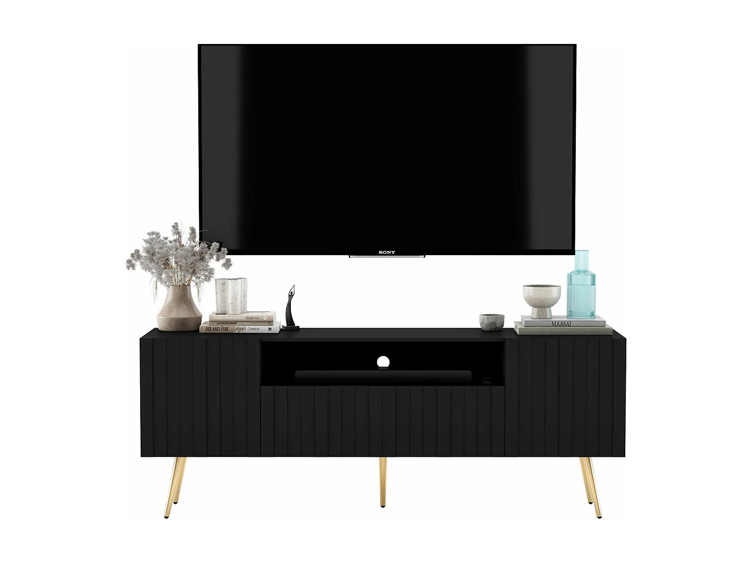 Meuble TV avec 3 portes et niche - Corps Noir mat, façades rainurées Noir mat - 150 cm, pieds dorés