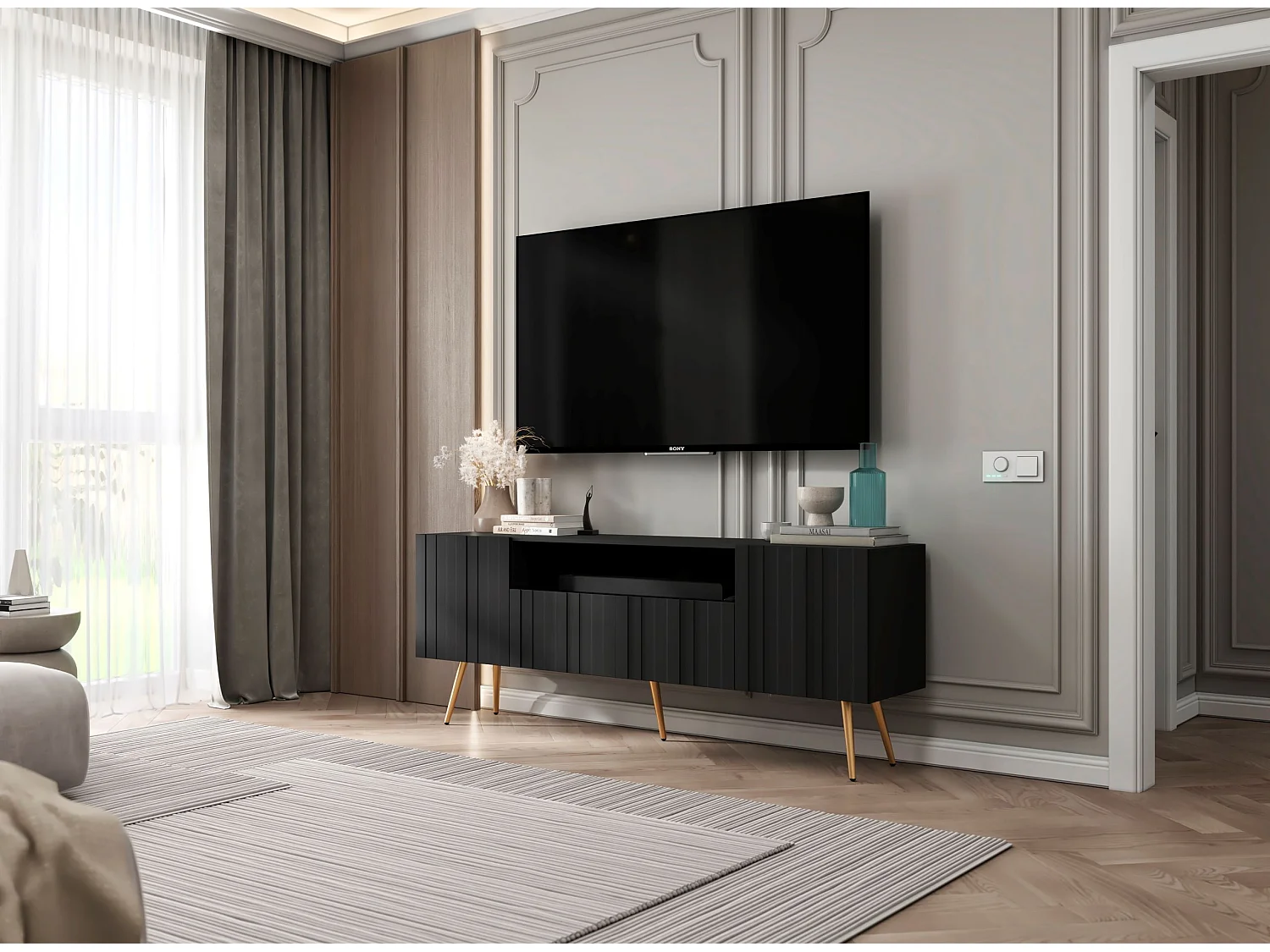 Meuble TV avec 3 portes et niche - Corps Noir mat, façades rainurées Noir mat - 150 cm, pieds dorés
