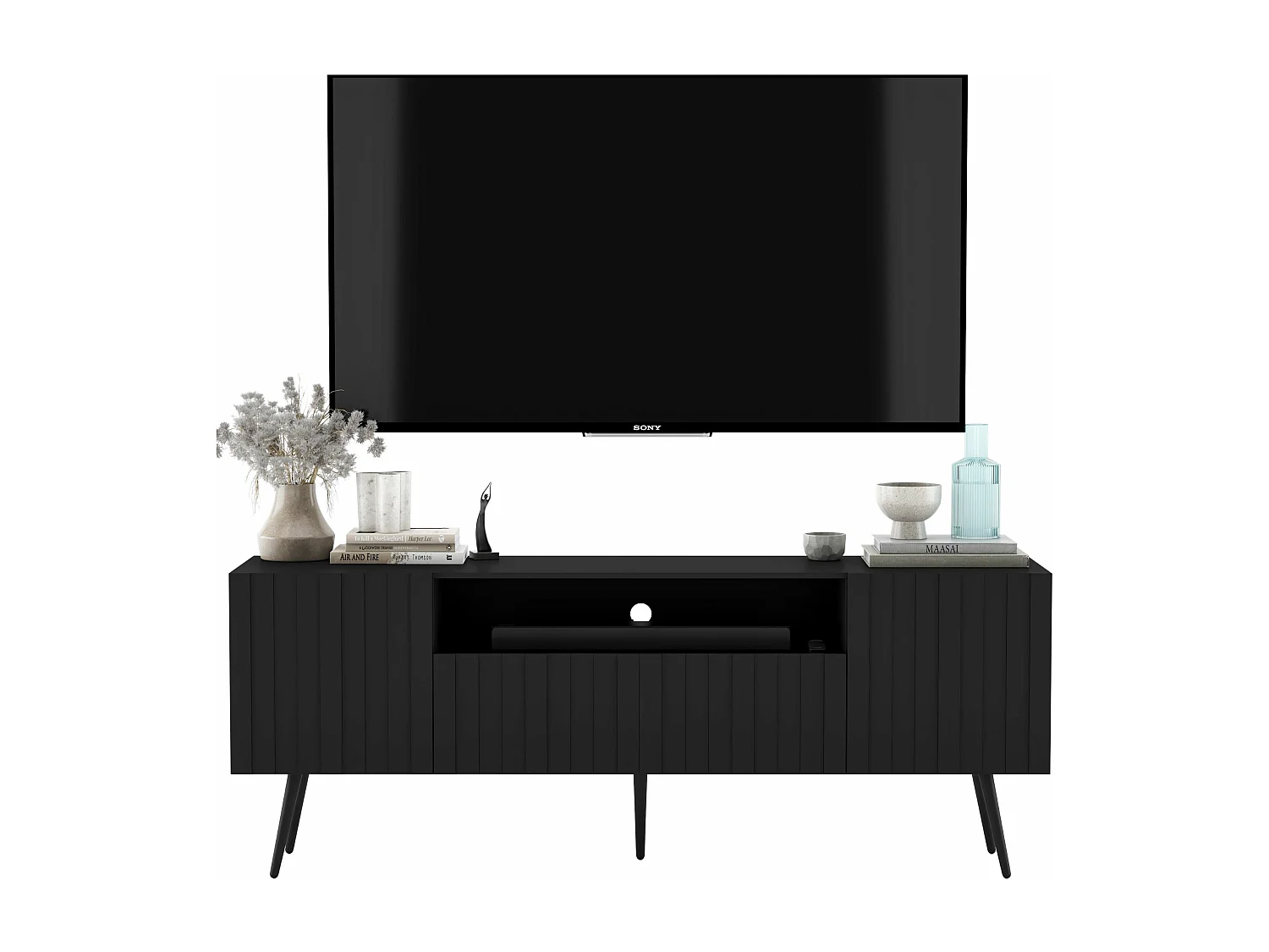 Meuble TV avec 3 portes et niche - Corps Noir mat, façades rainurées Noir mat - 150 cm, pieds dorés