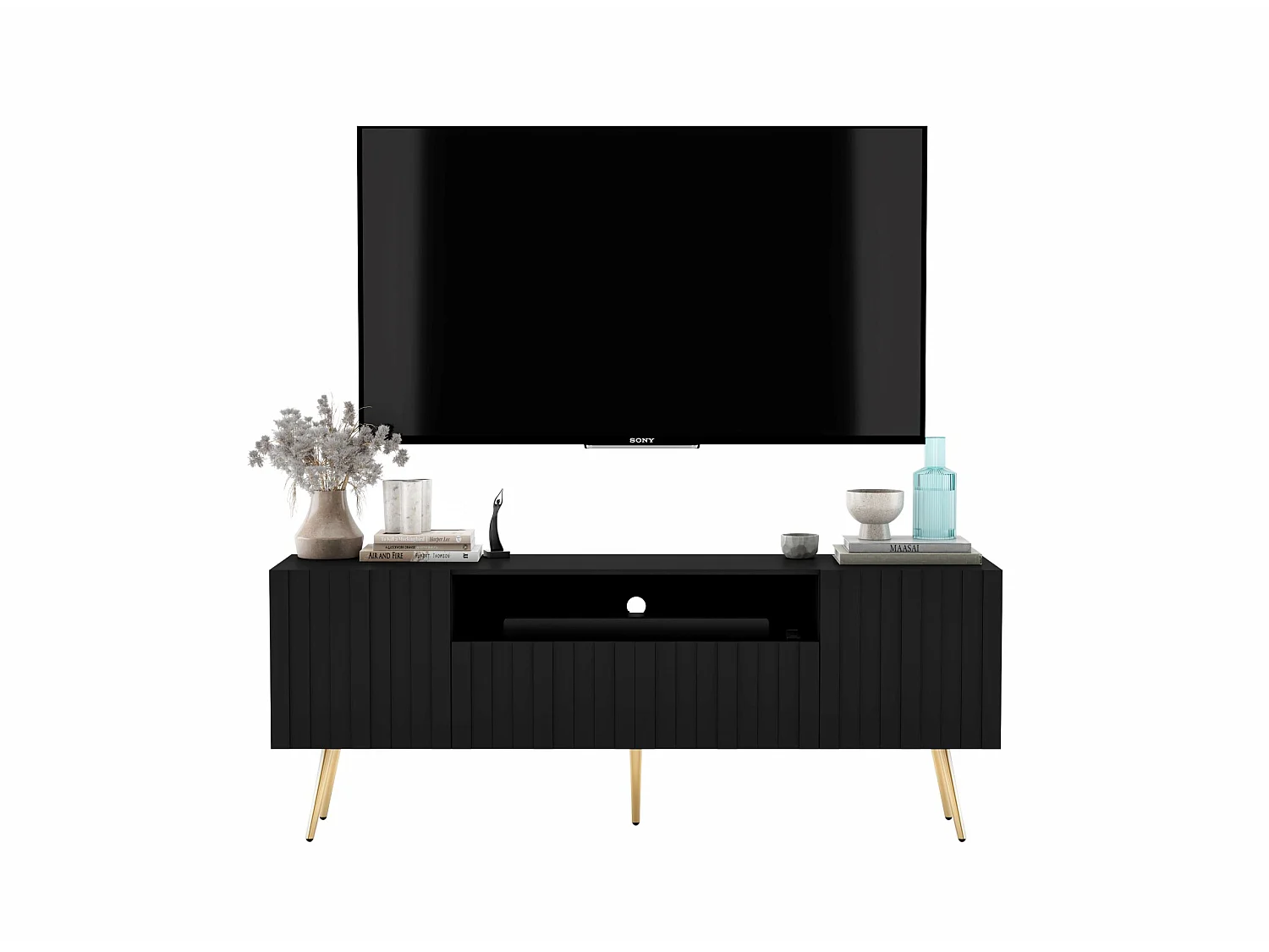 Meuble TV avec 3 portes et niche - Corps Noir mat, façades rainurées Noir mat - 150 cm, pieds dorés