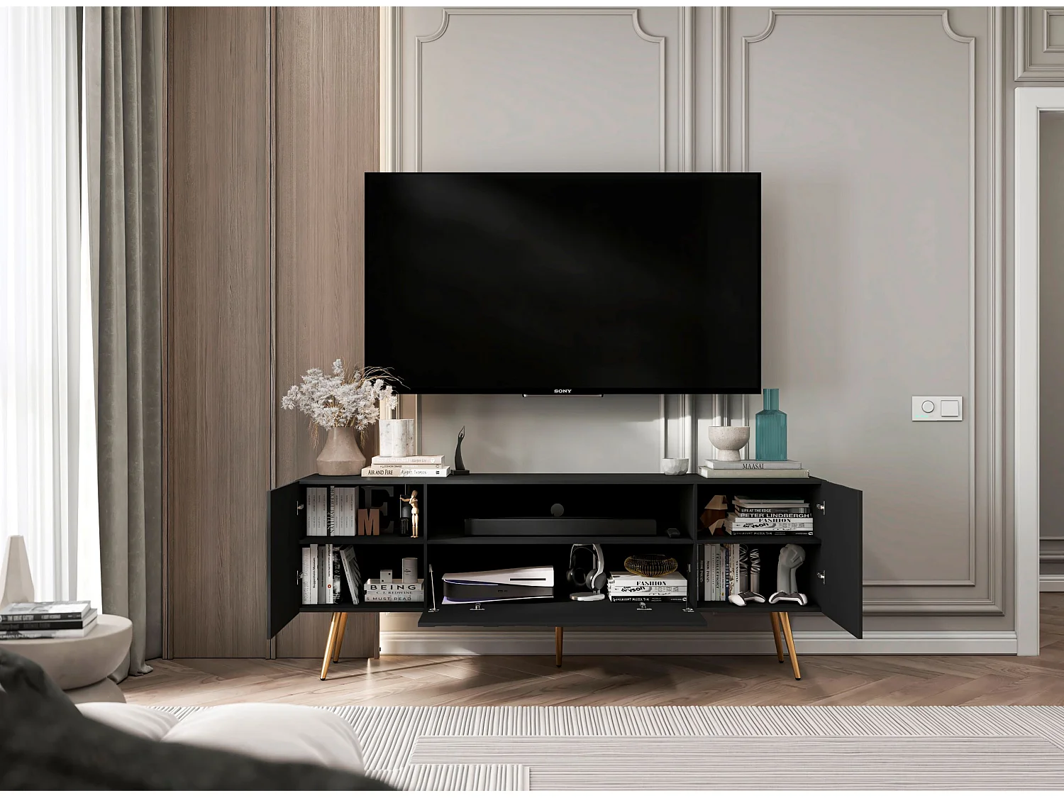 Meuble TV avec 3 portes et niche - Corps Noir mat, façades rainurées Noir mat - 150 cm, pieds dorés