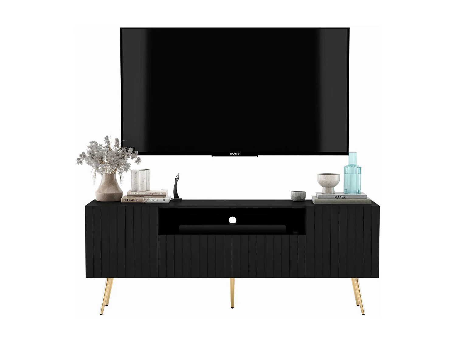 Meuble TV avec 3 portes et niche - Corps Noir mat, façades rainurées Noir mat - 150 cm, pieds dorés
