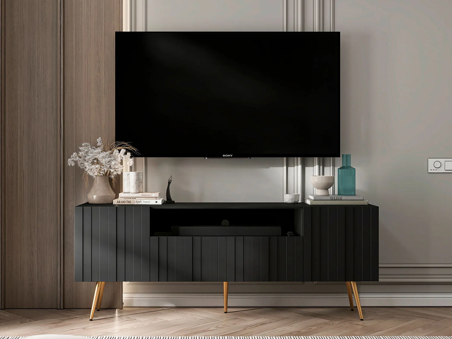 Meuble TV avec 3 portes et niche - Corps Noir mat, façades rainurées Noir mat - 150 cm, pieds dorés