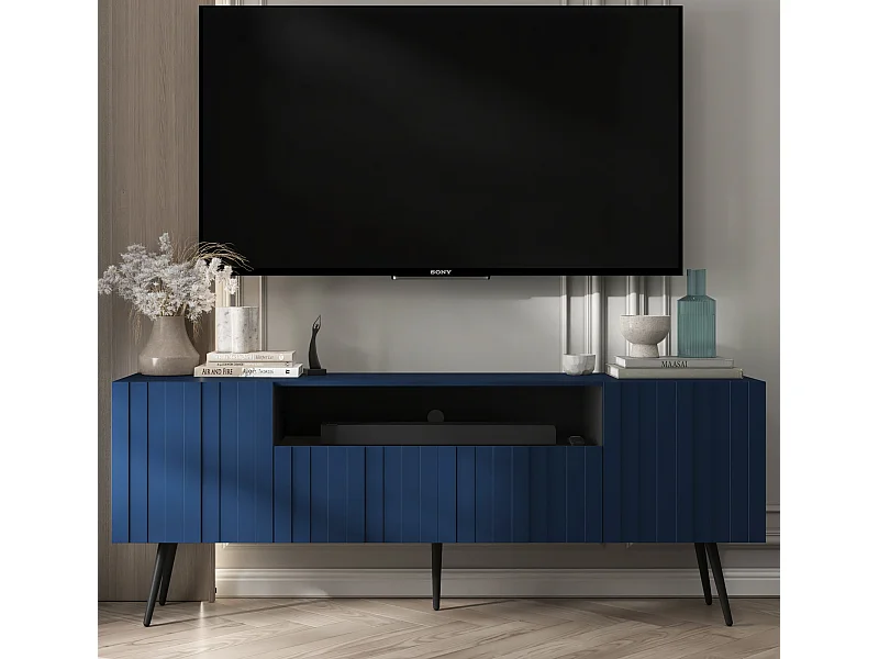 Meuble TV avec 3 portes et niche - Corps Bleu marine mat, façades rainurées Bleu marine mat - 150 cm, pieds noirs