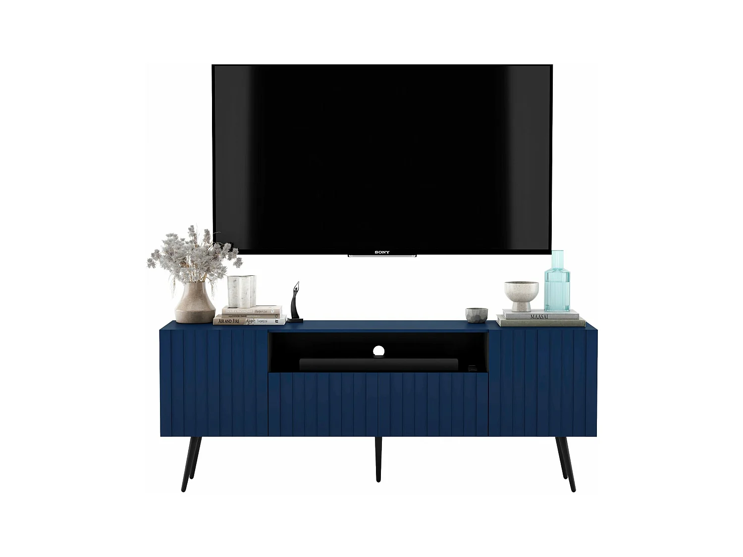 Meuble TV avec 3 portes et niche - Corps Bleu marine mat, façades rainurées Bleu marine mat - 150 cm, pieds noirs