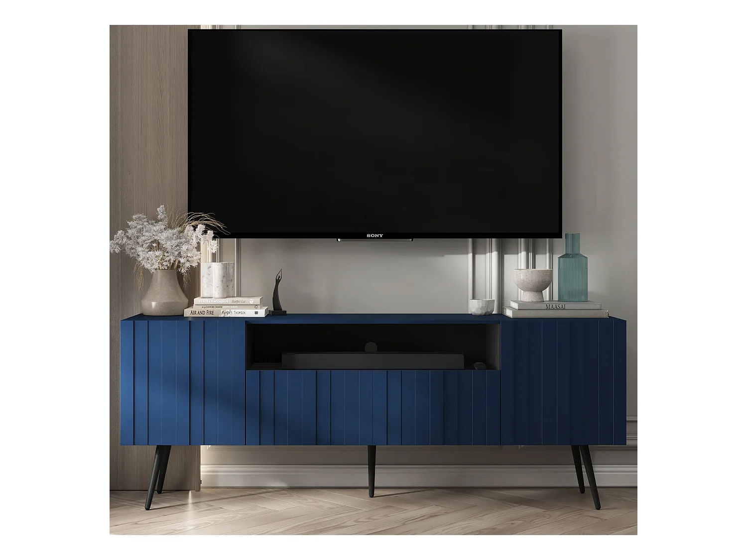 Meuble TV avec 3 portes et niche - Corps Bleu marine mat, façades rainurées Bleu marine mat - 150 cm, pieds noirs