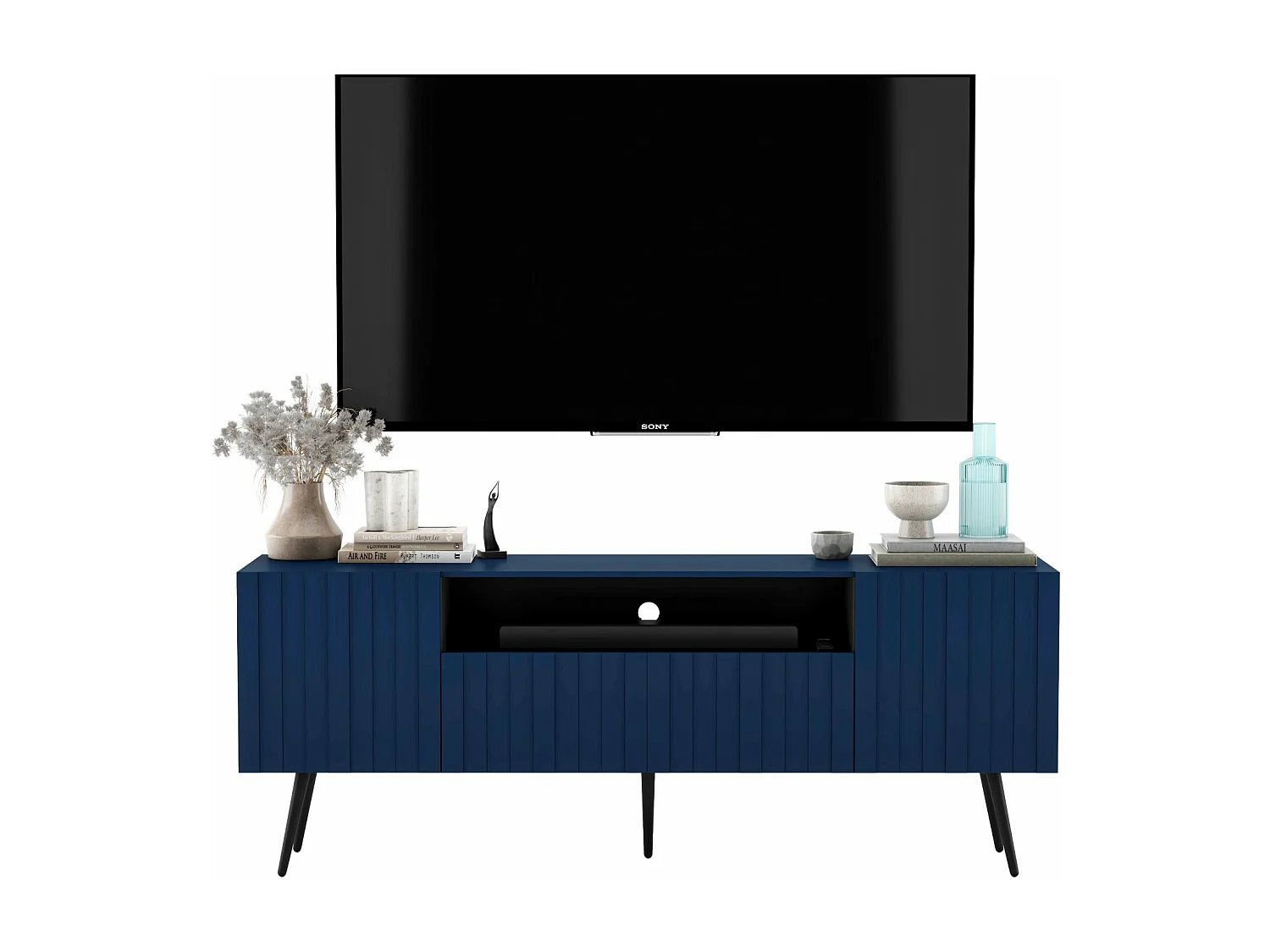 Meuble TV avec 3 portes et niche - Corps Bleu marine mat, façades rainurées Bleu marine mat - 150 cm, pieds noirs