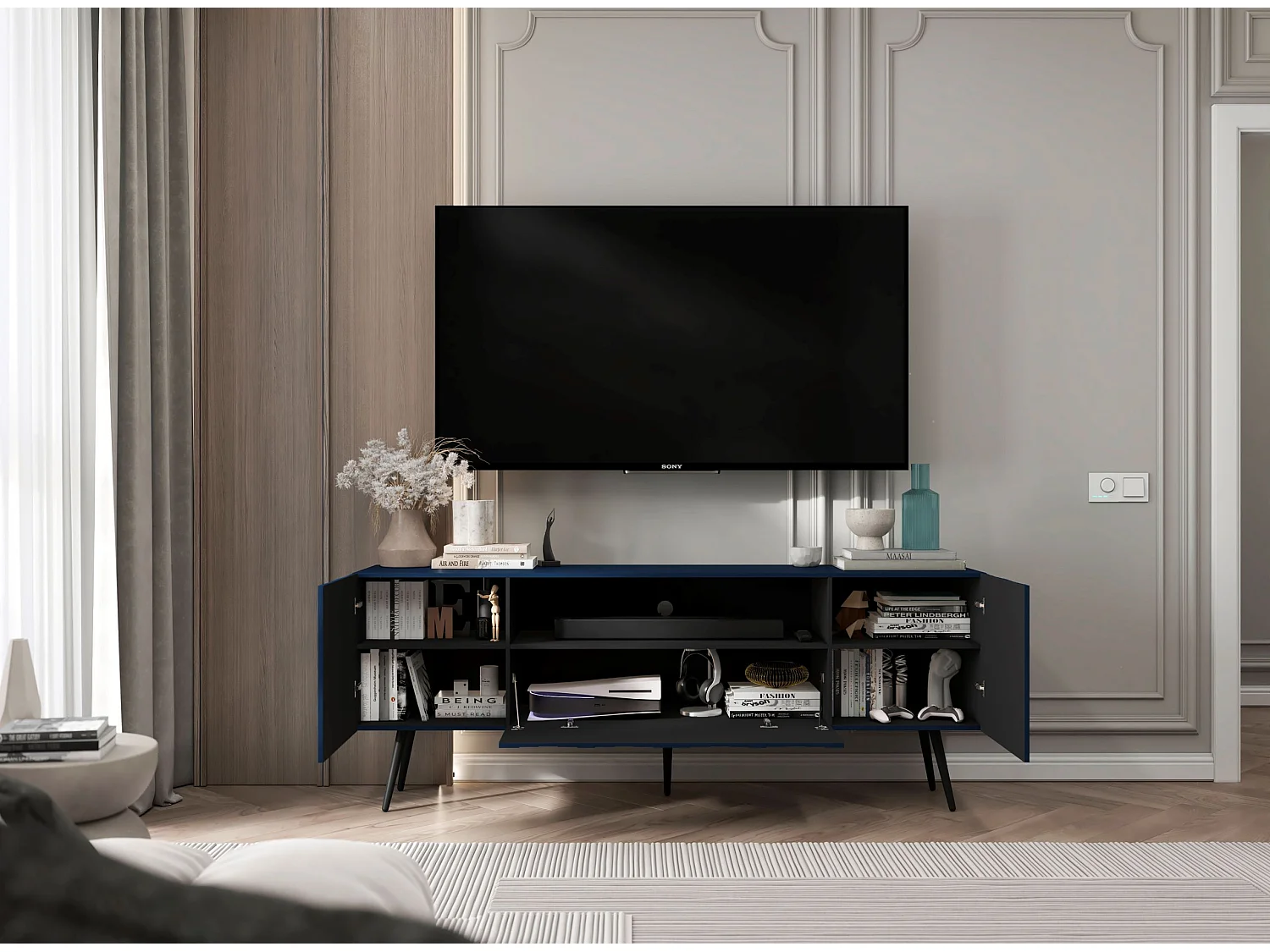 Meuble TV avec 3 portes et niche - Corps Bleu marine mat, façades rainurées Bleu marine mat - 150 cm, pieds noirs