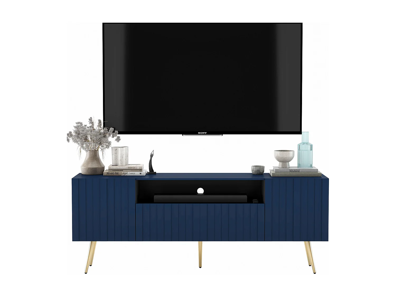 Meuble TV avec 3 portes et niche - Corps Bleu marine mat, façades rainurées Bleu marine mat - 150 cm, pieds noirs