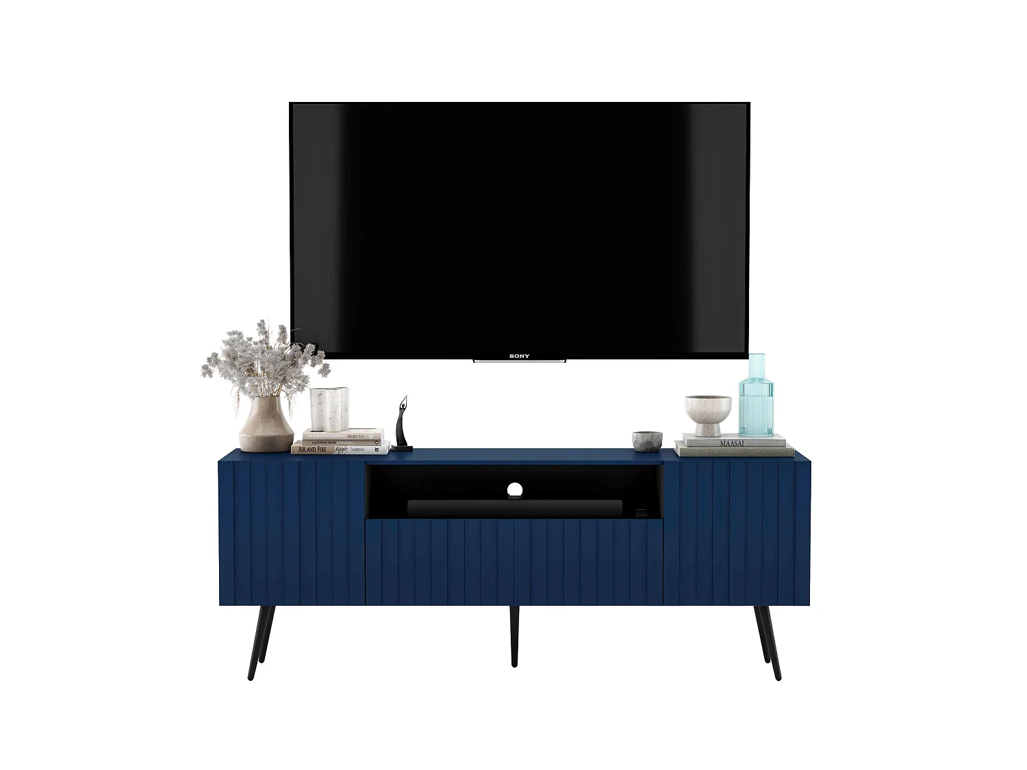 TV-Möbel mit 3 Türen und Nische – Korpus marineblau matt, gerillte Fronten marineblau matt – 150 cm, schwarze Füße