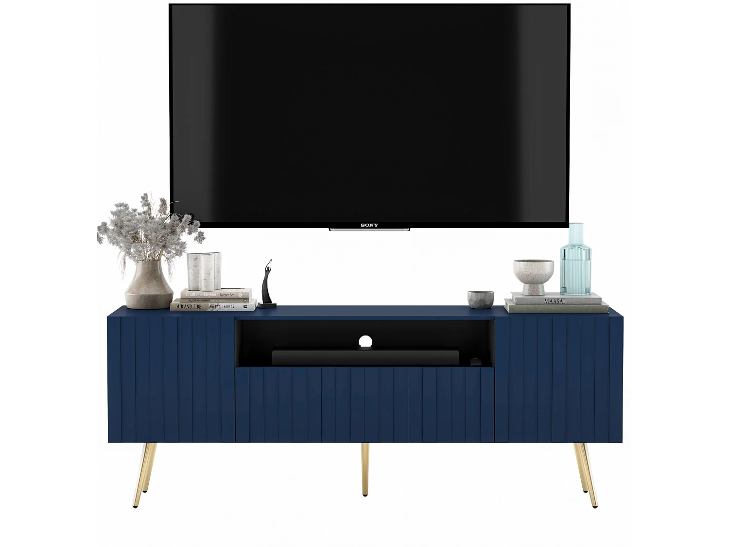 TV-Möbel mit 3 Türen und Nische – Korpus marineblau matt, gerillte Fronten marineblau matt – 150 cm, schwarze Füße