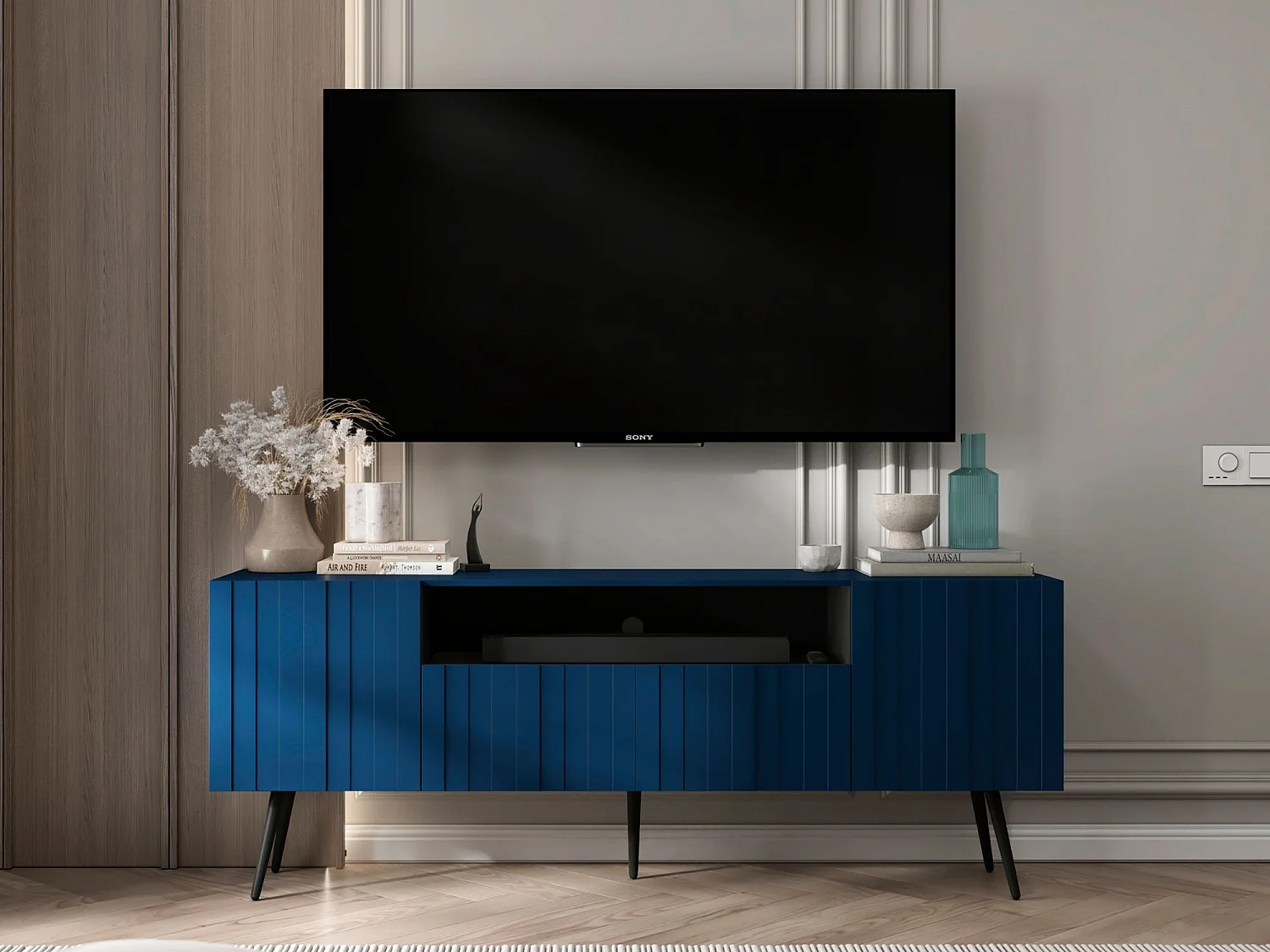 Móvel de TV com 3 portas e nicho – Estrutura azul-marinho mate, frentes caneladas azul-marinho mate – 150 cm, pés pretos