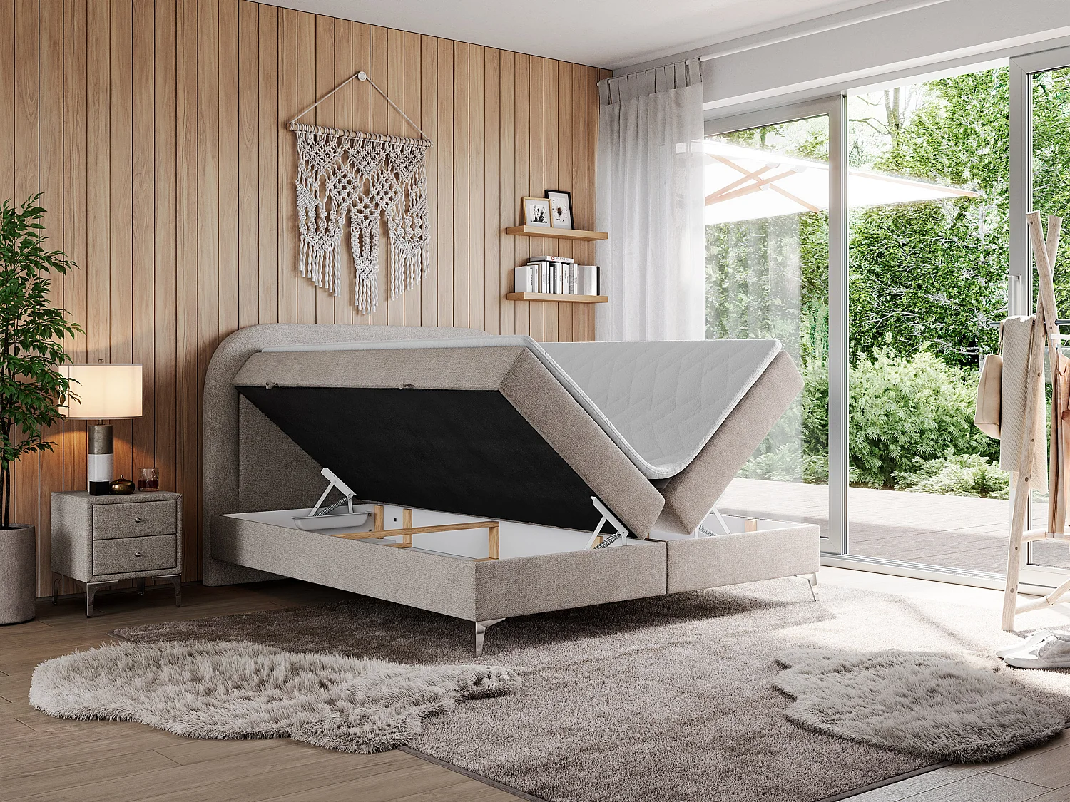 Boxspringbett EIRA - Polsterbett mit Stauraum, Set mit Kopfteil und Multipocket-Matratze, Metallbeine - 180x200 cm - H4 - Beige Strukture