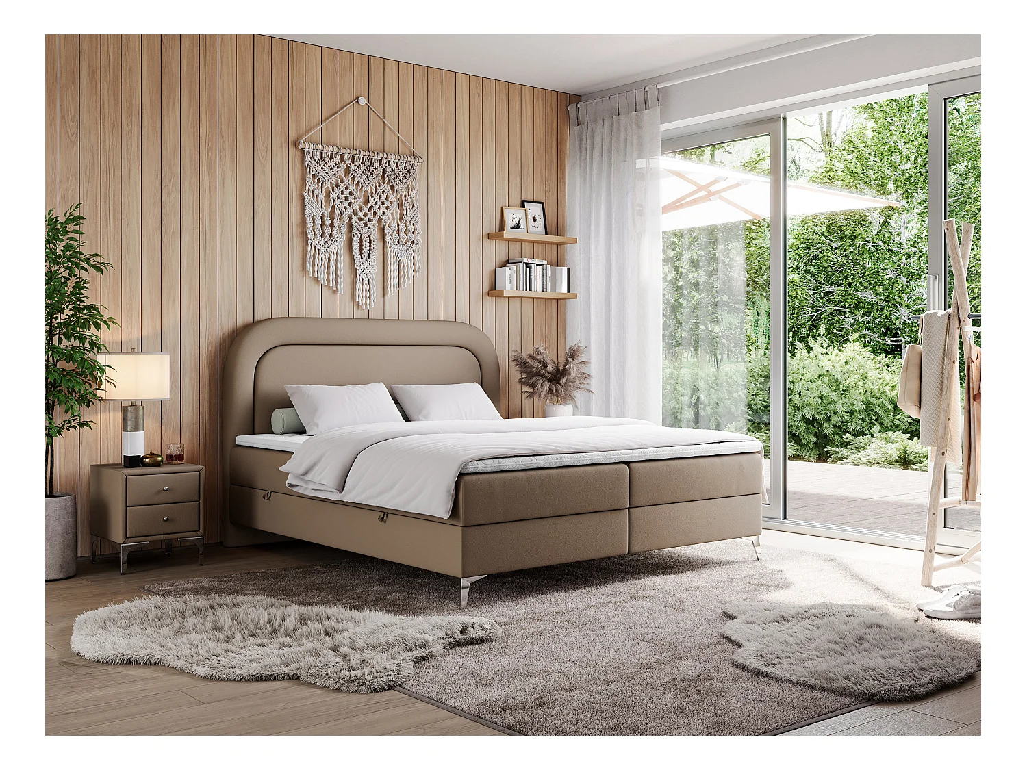 Boxspringbett EIRA - Polsterbett mit Stauraum, Set mit Kopfteil und Multipocket-Matratze, Metallbeine - 160x200 cm - H4 - Braun Kunstleder