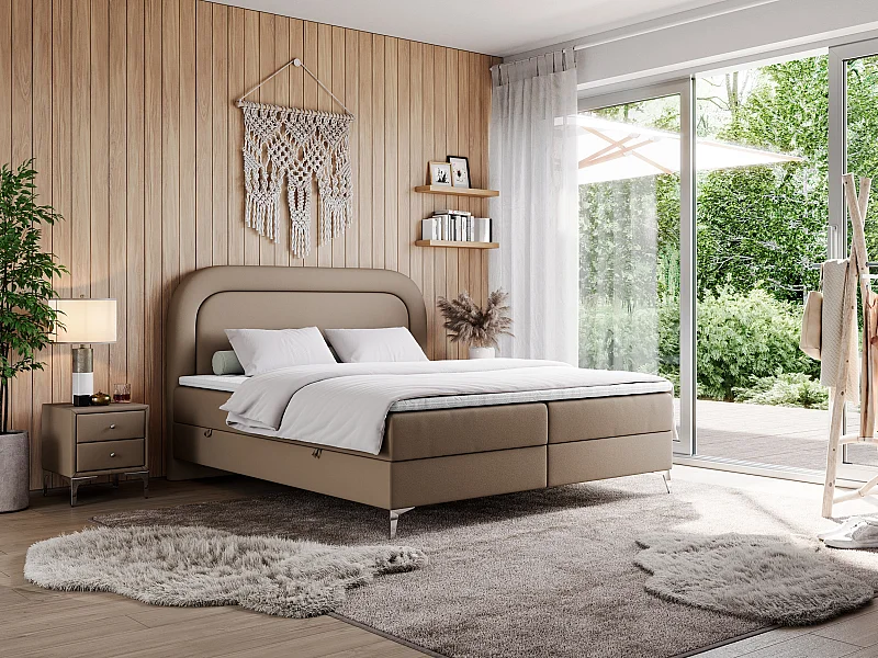 Boxspringbett EIRA - Polsterbett mit Stauraum, Set mit Kopfteil und Multipocket-Matratze, Metallbeine - 160x200 cm - H4 - Braun Kunstleder