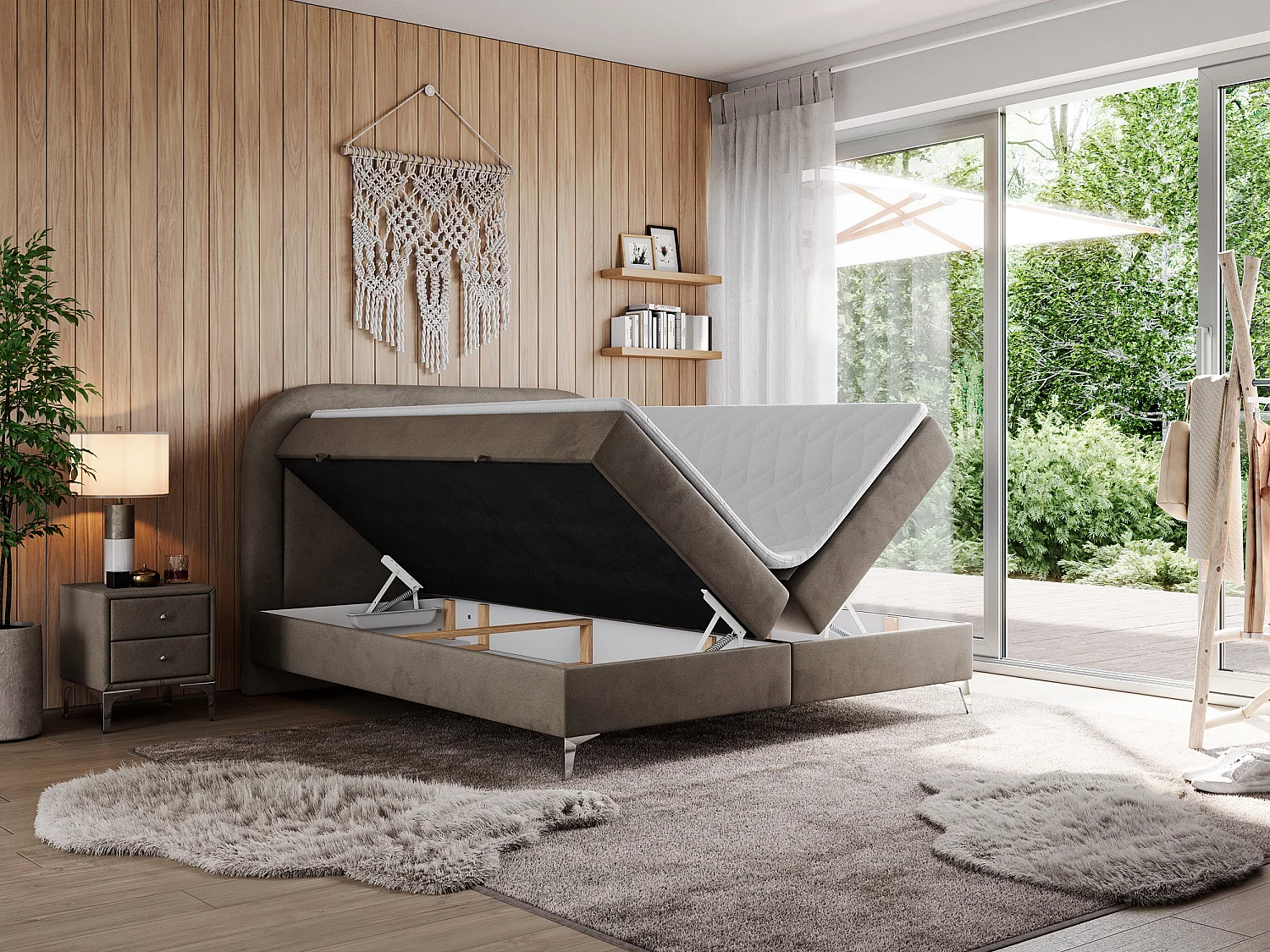 Boxspringbett EIRA - Polsterbett mit Stauraum, Set mit Kopfteil und Multipocket-Matratze, Metallbeine - 160x200 cm - H3 - Braun Velvet