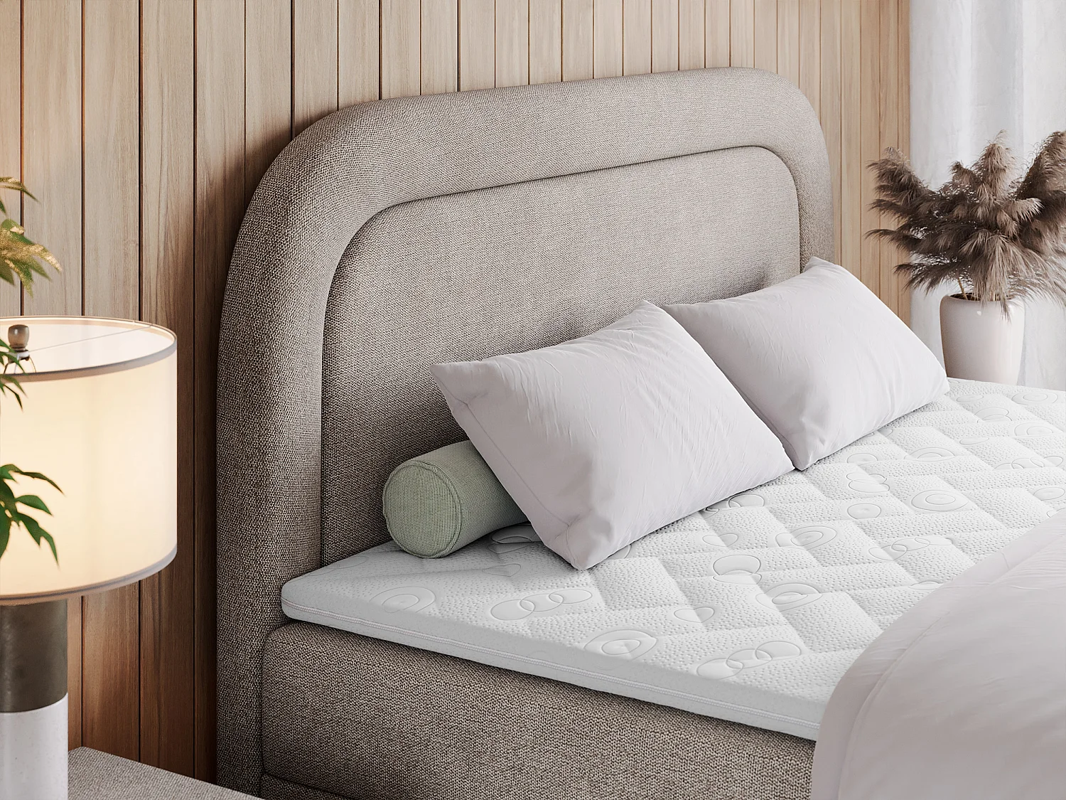 Boxspringbett EIRA - Polsterbett mit Stauraum, Set mit Kopfteil und Multipocket-Matratze, Metallbeine - 200x200 cm - H4 - Beige Strukture