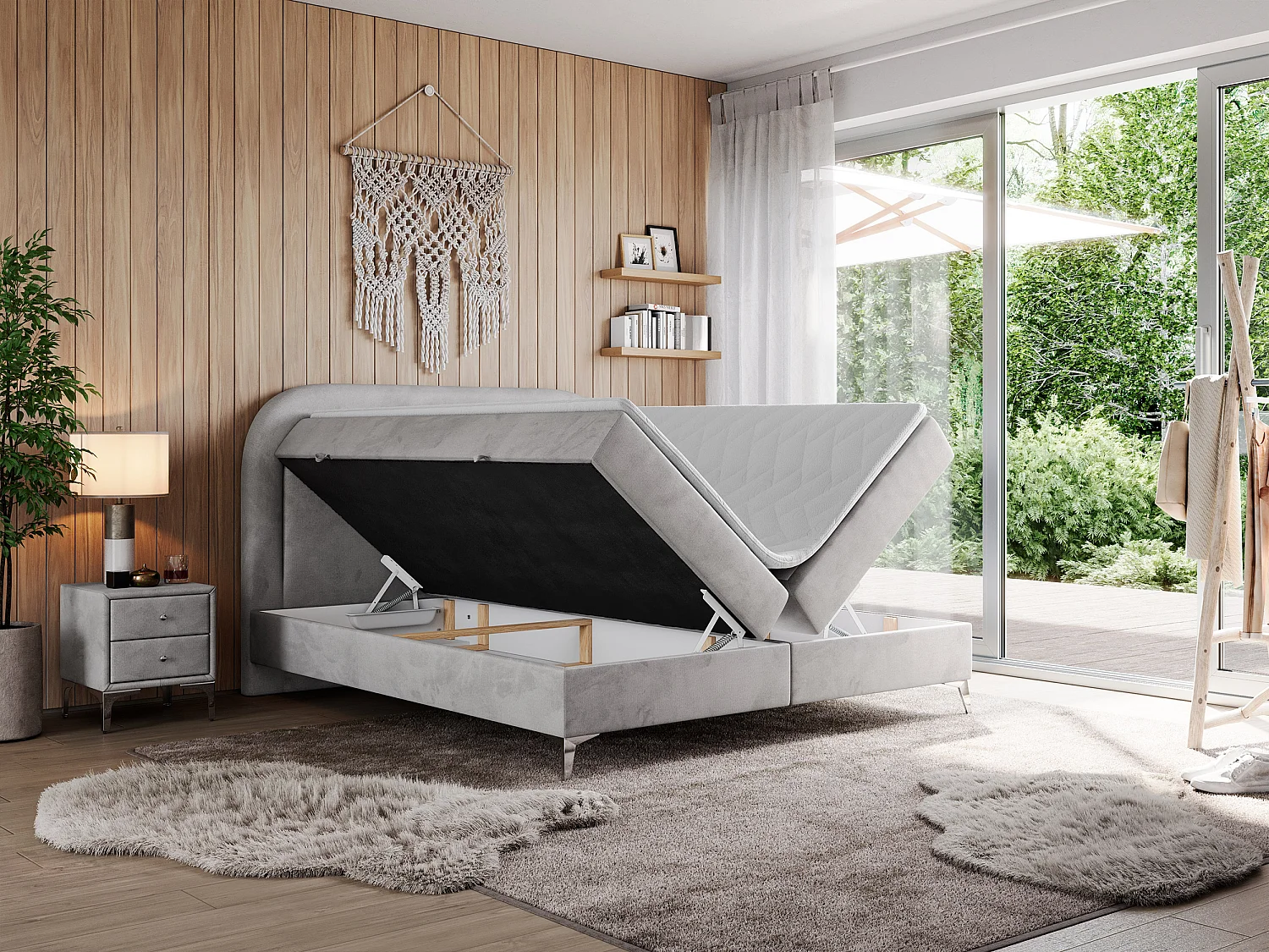 Boxspringbett EIRA - Polsterbett mit Stauraum, Set mit Kopfteil und Multipocket-Matratze, Metallbeine - 200x200 cm - H3 - Hellgrau Velvet