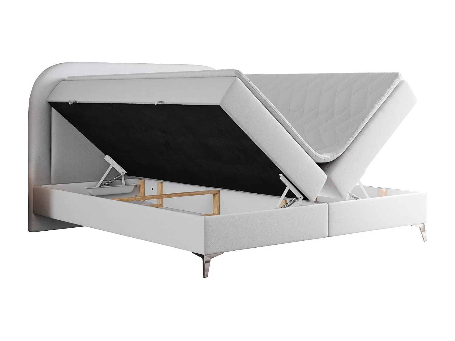 Boxspringbett EIRA - Polsterbett mit Stauraum, Set mit Kopfteil und Multipocket-Matratze, Metallbeine - 180x200 cm - H4 - Weiß Kunstleder