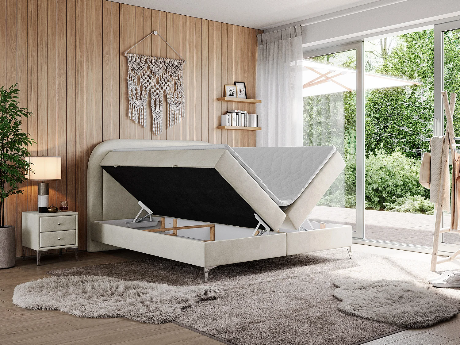 Boxspringbett EIRA - Polsterbett mit Stauraum, Set mit Kopfteil und Multipocket-Matratze, Metallbeine - 160x200 cm - H4 - Beige Velvet