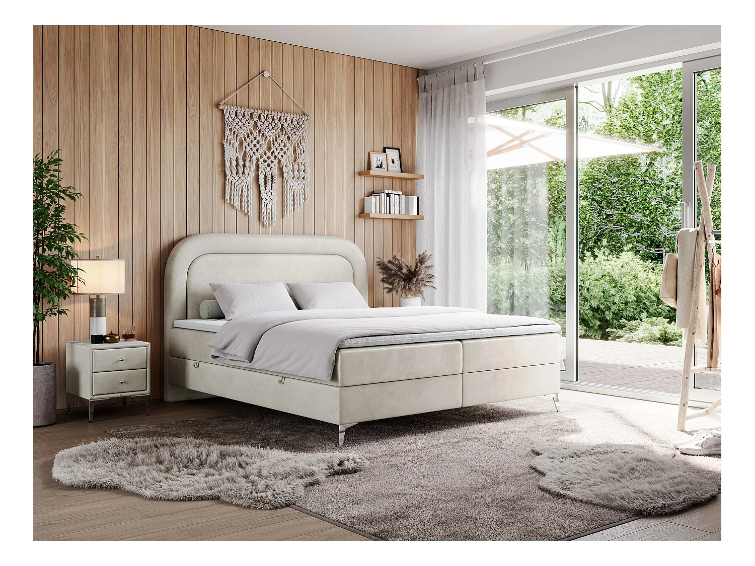 Boxspringbett EIRA - Polsterbett mit Stauraum, Set mit Kopfteil und Multipocket-Matratze, Metallbeine - 160x200 cm - H4 - Beige Velvet