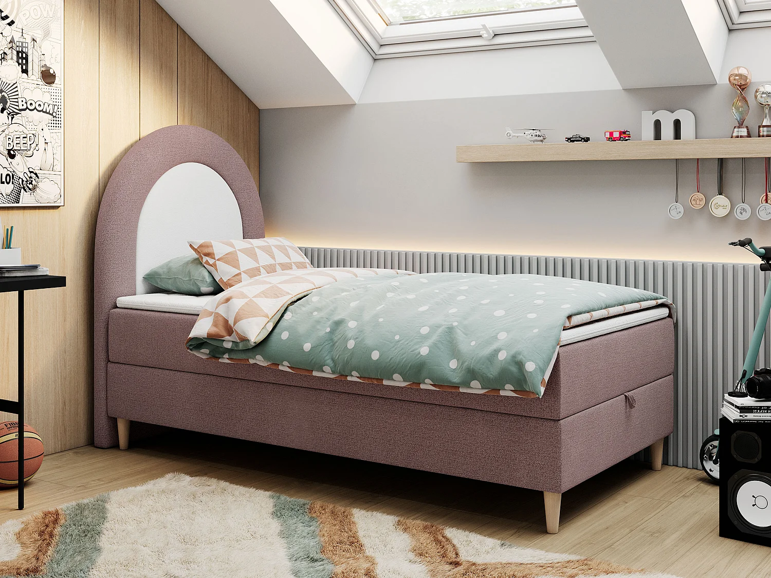 Kinderbett NEST - Boxspringbett für Kinder, mit hohem Kopfteil, Einzelbett mit Stauraum und Matratze - 90x180 cm - Rosa Strukture