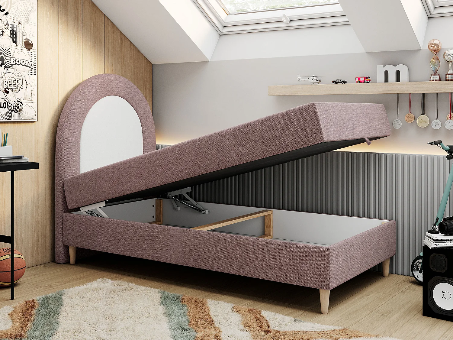 Kinderbett NEST - Boxspringbett für Kinder, mit hohem Kopfteil, Einzelbett mit Stauraum und Matratze - 90x180 cm - Rosa Strukture